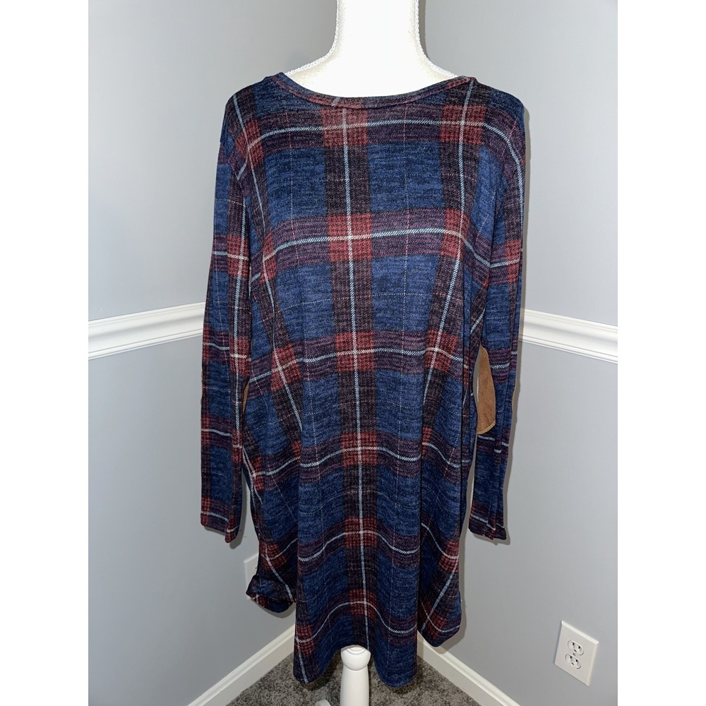 Acting Pro Dress Size L Tunic Round Neck Elbow Patches Long Sleeve Plaid Stretch